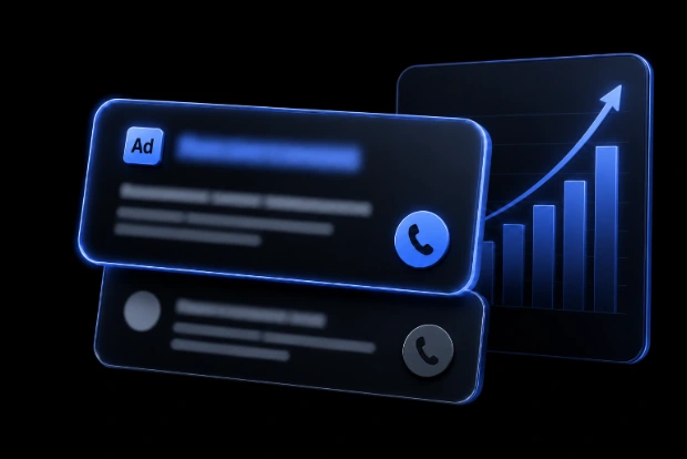 Google Ads sponsored search result card with a rising performance chart